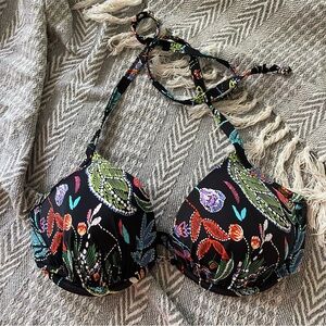 Venus Paisley Floral Bikini Swim top Bra Underwire Halter Tie Sz D 34D 36C Black